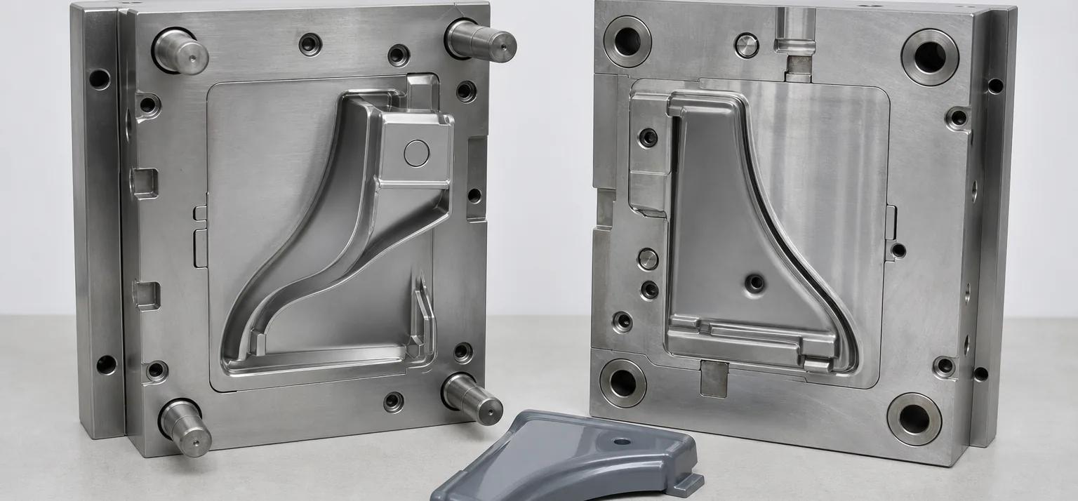 Open steel injection mold with its molded part — mold and die industry