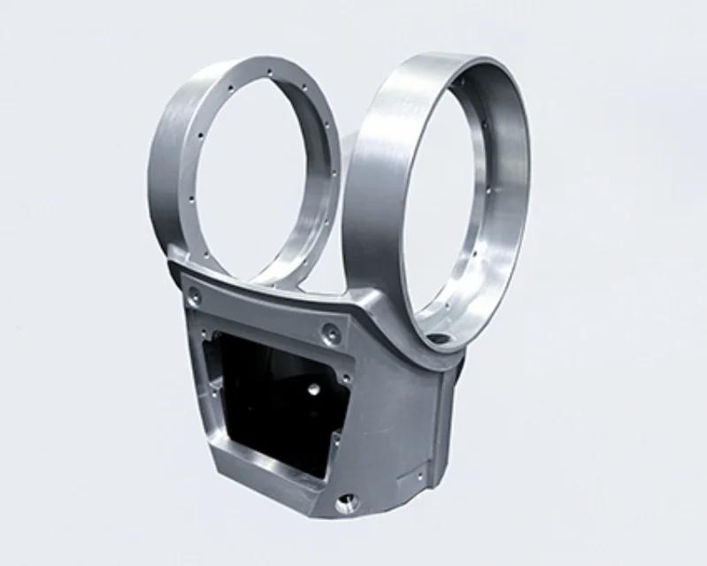 Five-axis machined aluminium aerospace bracket with two large bores